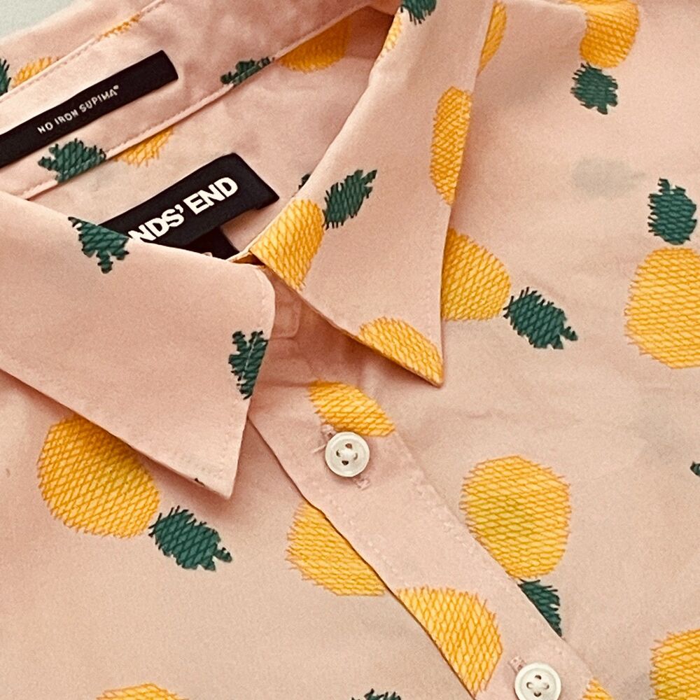 ~ Lands' End 16p Pineapple Print No-Iron Cotton Sleeveless Shirt Button-Up Pink